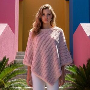 Studio 52 Blush Pink Women's Textured Rabbit Fur Shawl Poncho